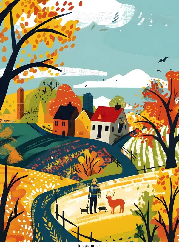 Autumn Landscape with Man and Dogs