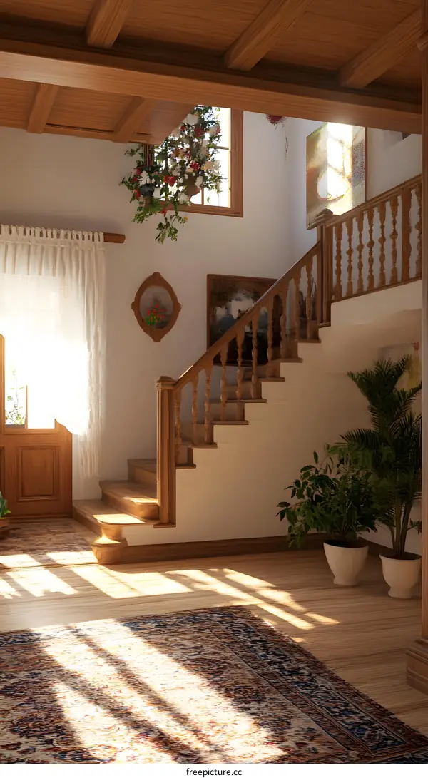 Sunlight Streaming Through Windows In A Wooden Staircase Hallway