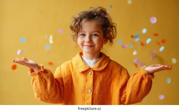 Happy Child with Confetti in Orange Jacket