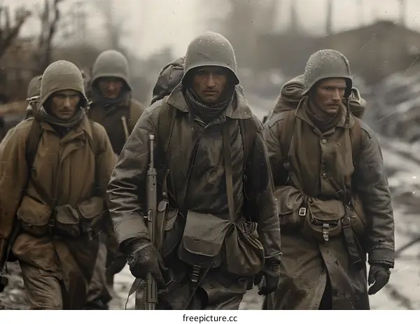Four American Soldiers Marching Through Snow During The War