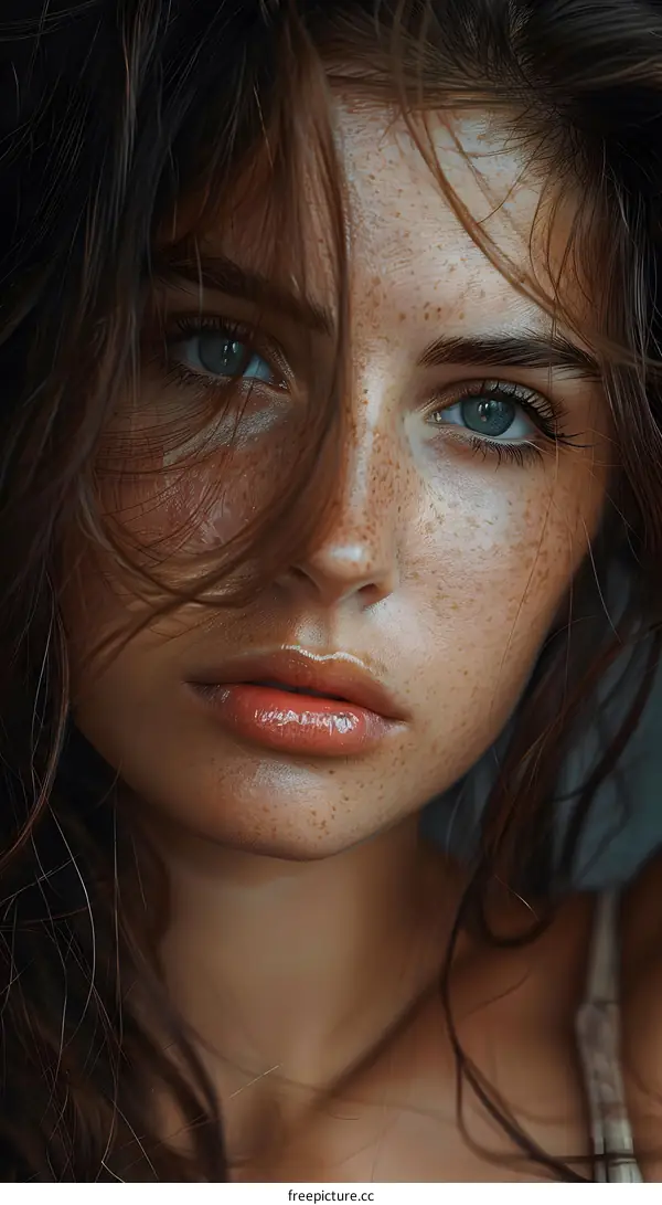Close Up Portrait of a Beautiful Woman with Freckles and Blue Eyes