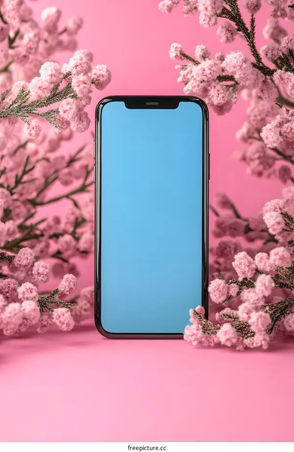 Black Smartphone with Blue Screen on Pink Background with Flowers
