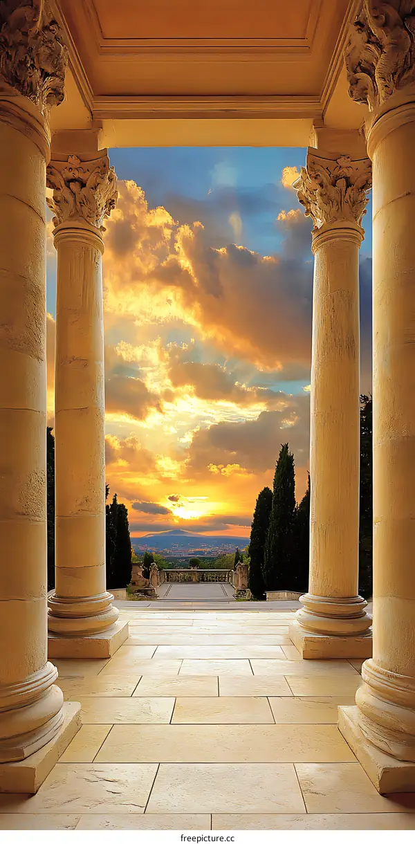 Golden Sunset View Through Columns of Ancient Building