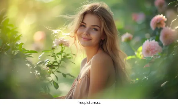 Portrait of a beautiful young woman in a garden of flowers