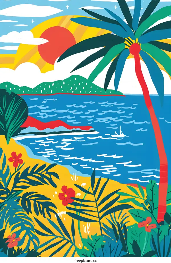 Tropical Sunset with Palm Tree and Ocean