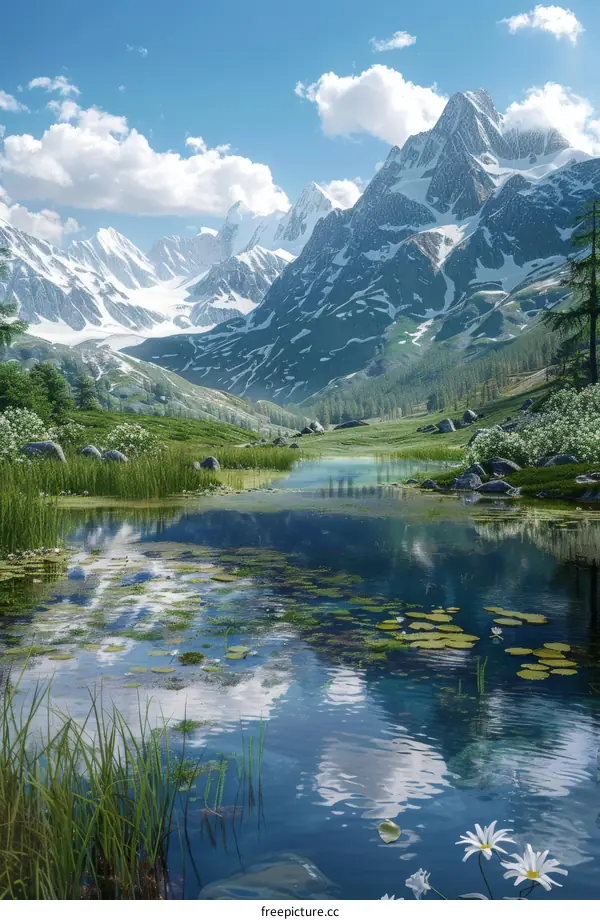 Mountain scenery with lake in foreground and flowers in bloom