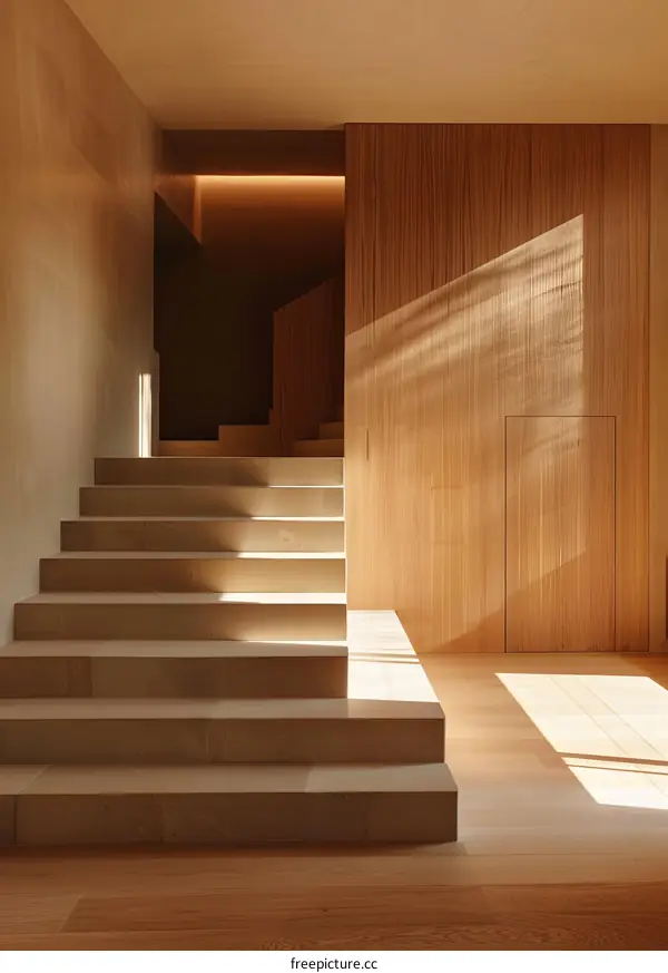 Modern Wooden Staircase with Sunbeam