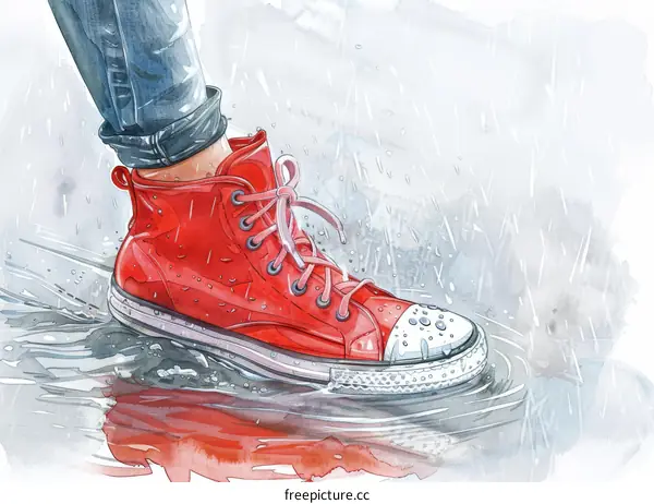 Red Sneakers in a Puddle of Water