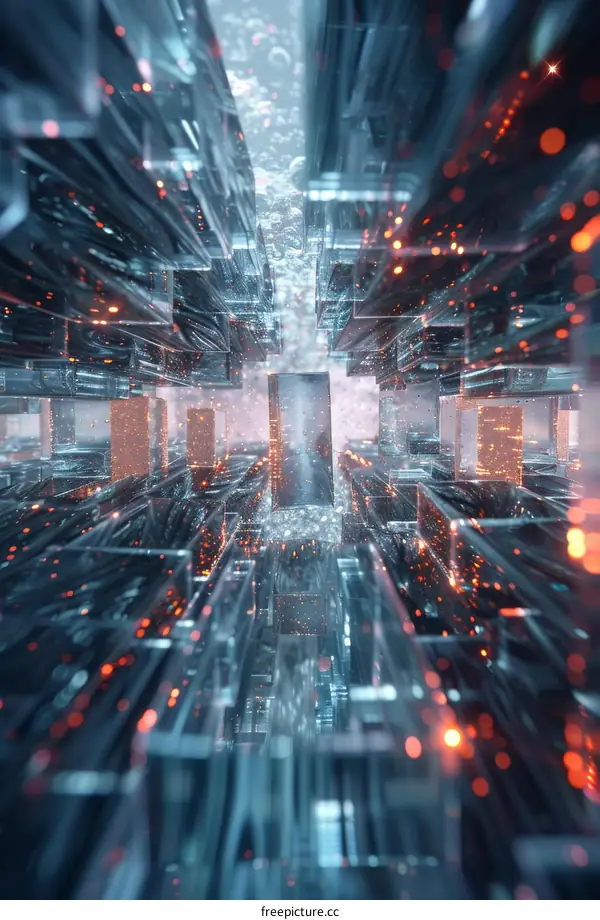 Glowing Red Particles in Abstract 3D Glass Structure