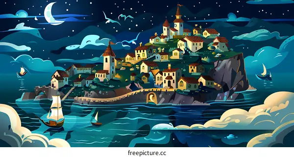Nighttime Fantasy Village with Crescent Moon and Stars