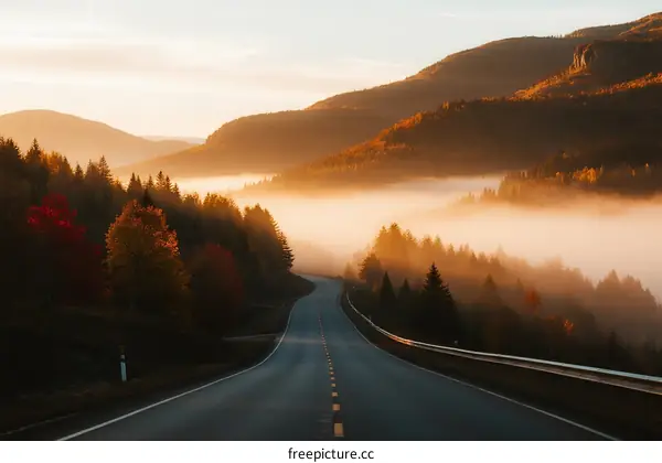 Serene Road Through Misty Autumn Mountains at Sunrise