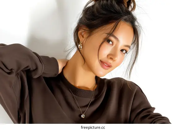 Charming Asian Woman in a Brown Sweatshirt