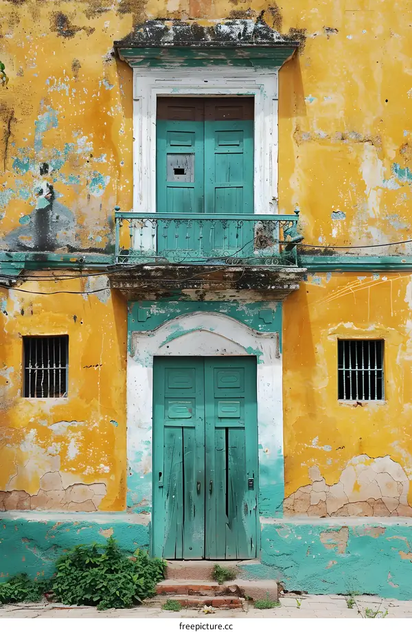 weathered colorful mexican colonial building with two green doors