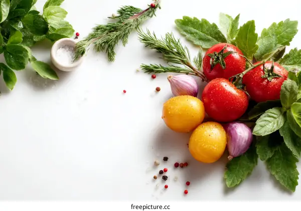 Fresh colorful tomatoes with rosemary and other herbs on white background