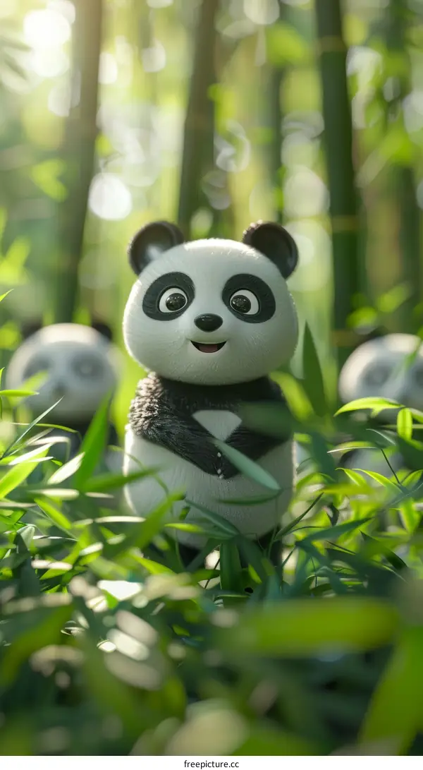 A cute cartoon panda standing in a bamboo forest