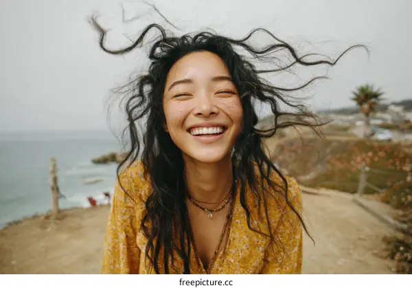 Laughing Asian Woman by the Ocean