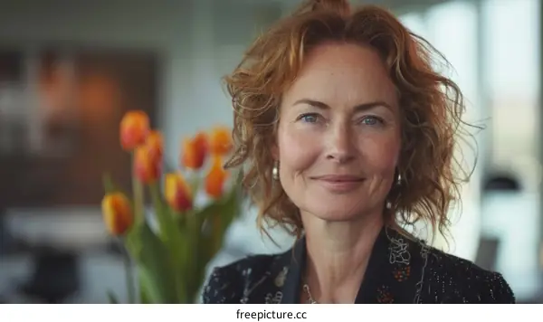 portrait of a smiling redheaded woman in a black jacket