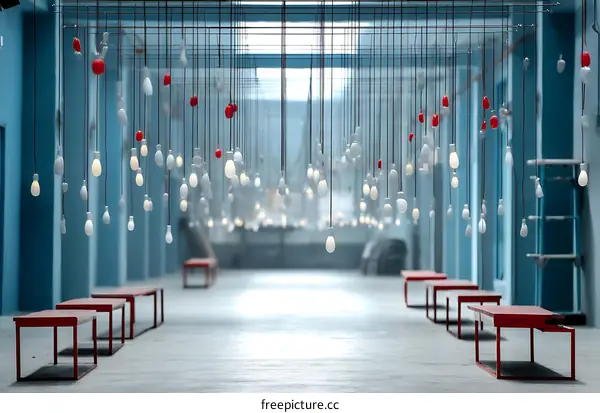 A Gallery with Hanging Light Bulbs