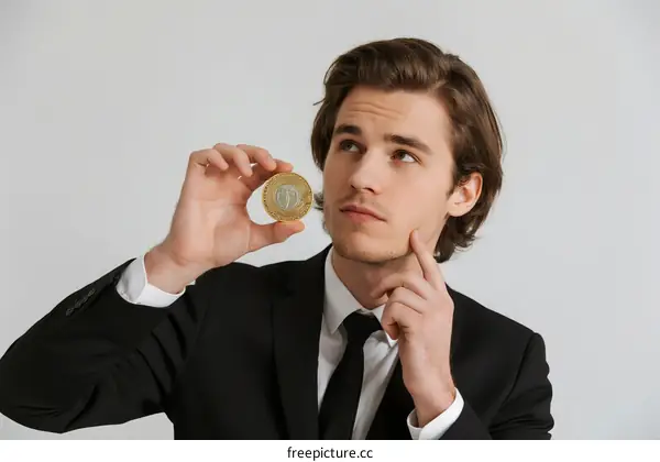 Businessman holding a coin and thinking deeply about financial matters