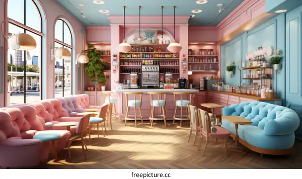 Dreamy Pink and Blue Pastel Kawaii Cafe Interior