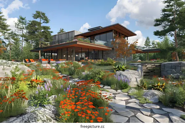 Modern House with Stone Pathway and Flower Garden