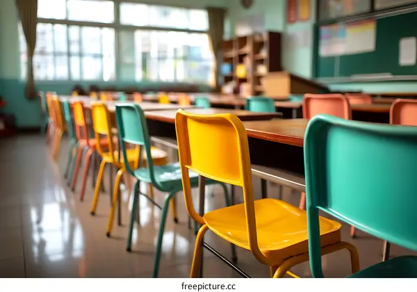 Colorful Classroom Desks and Chairs in School