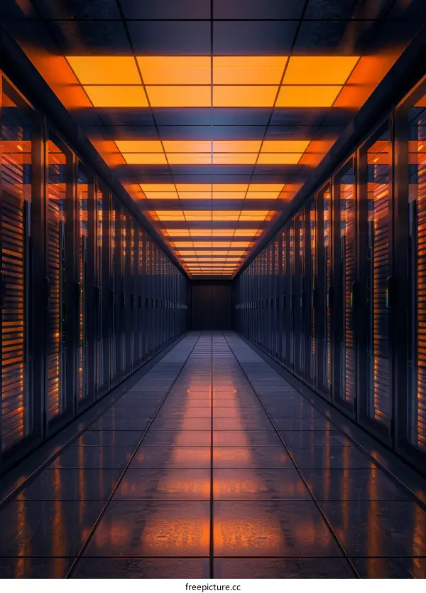 Futuristic Technology Server Room With Glowing Orange Lights