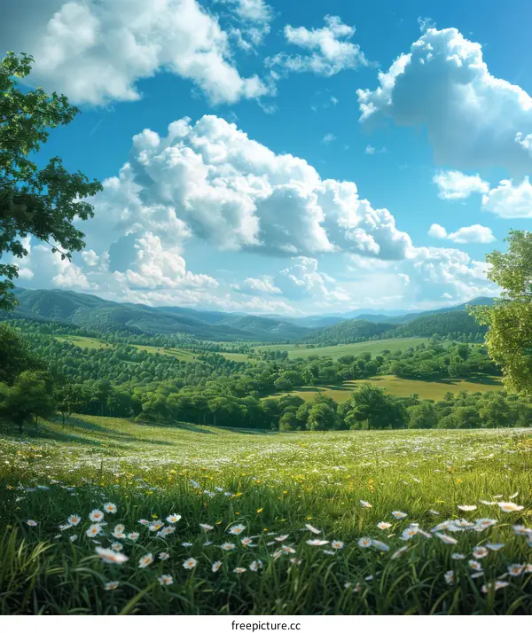 A beautiful landscape with green hills and a blue sky