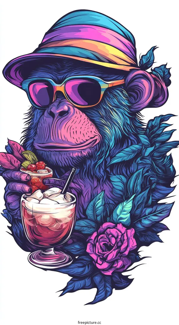 Funky Monkey with Cocktails and Flowers Illustration