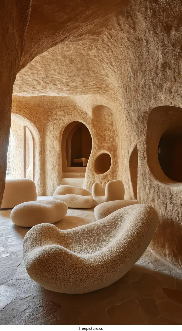 Beige Cave-Like Interior Design with Unique Seating