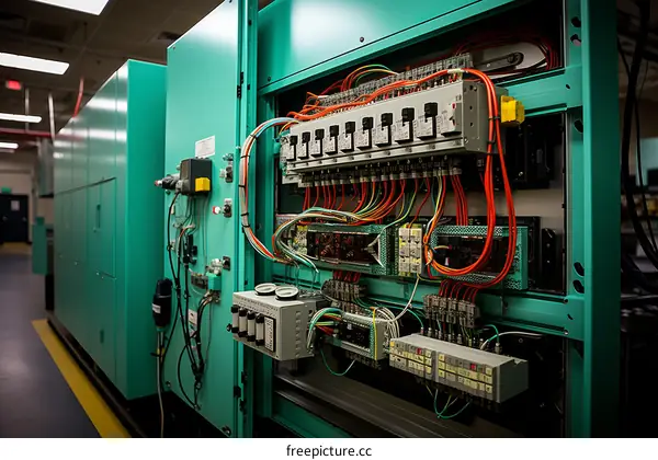 Industrial electrical control panel with circuit breakers and wiring