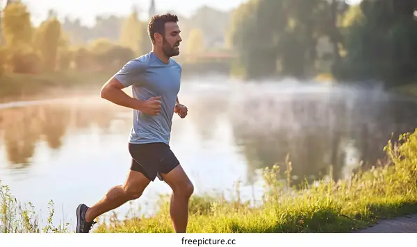 Man Running Along Riverbank During Sunrise