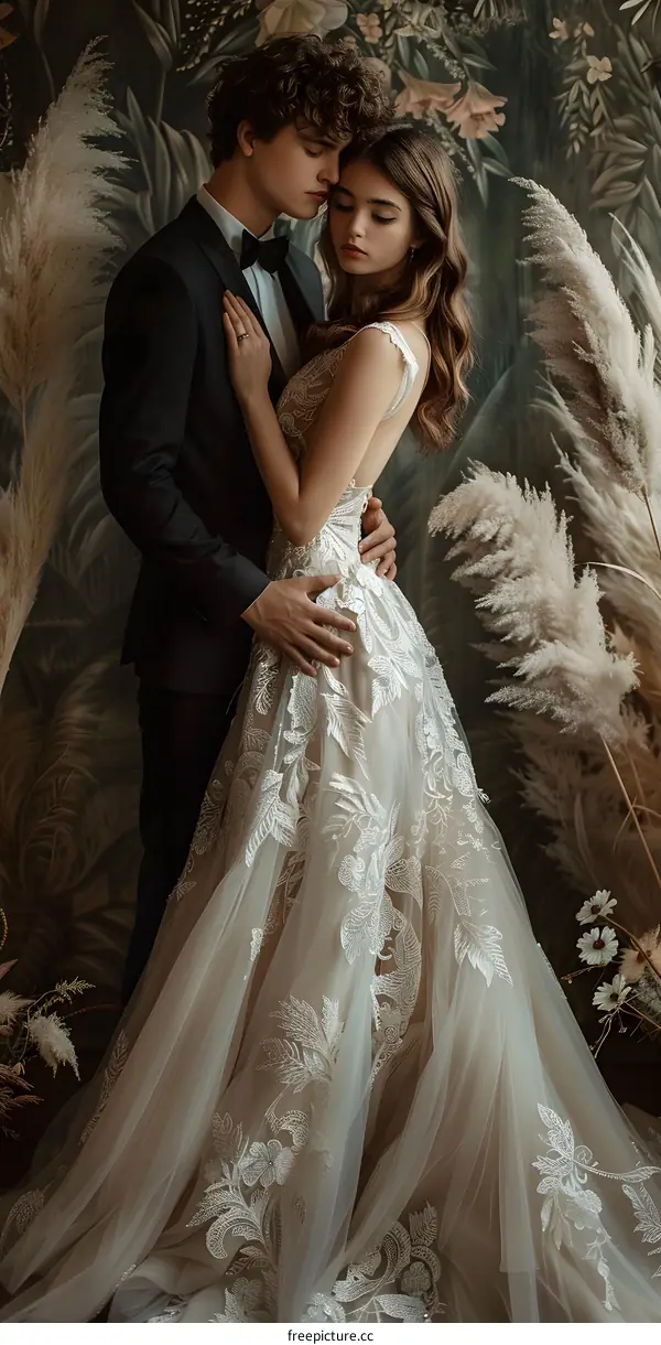 The newlyweds are hugging each other affectionately at the wedding.