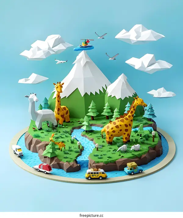 Papercraft Landscape With Giraffes And Mountains