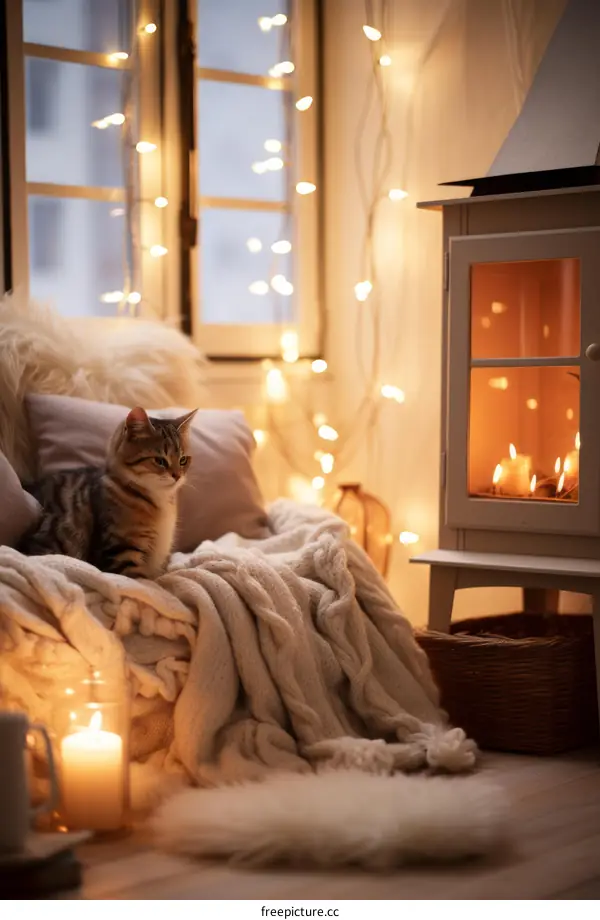 A cozy cat sits on a chair by the fireplace