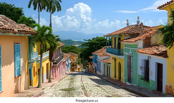 Street in Trinidad, Cuba with colorful colonial buildings and palm trees
