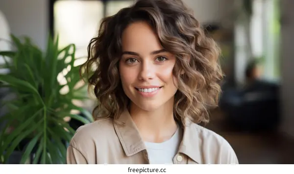 portrait of a young woman with curly hair smiling wearing a tan jacket