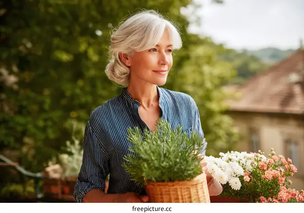 Senior Woman Gardening on Balcony with Plants