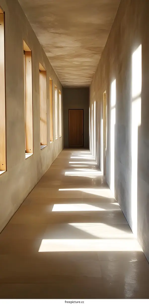 Sunlight Streaming Through Windows in a Long Corridor