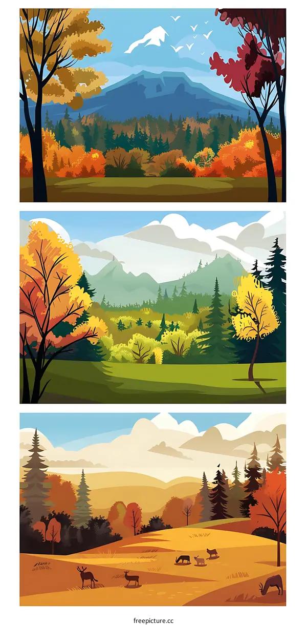 Autumn Landscape with Mountains, Trees, and Deers