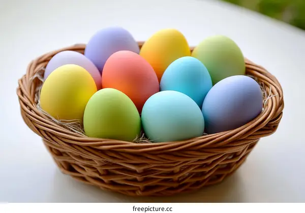 Colorful Easter Eggs in a Wicker Basket