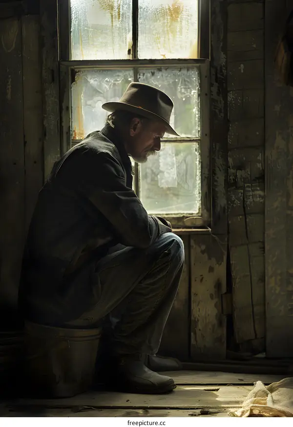 A man is sitting on a bucket in a dark room