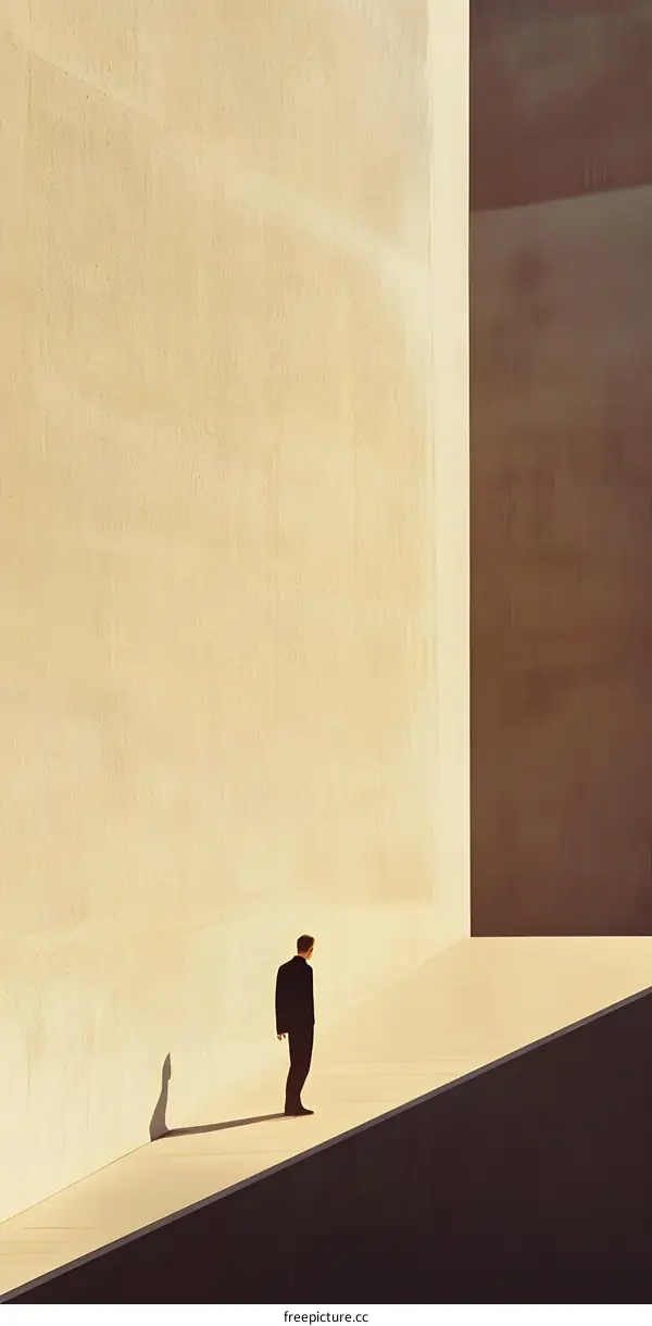 Man Walking on a Diagonal Path with a Wall in the Background