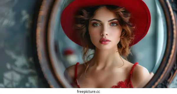 A beautiful woman with red hat looking in the mirror