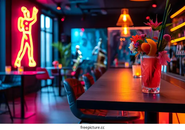 Modern bar interior with neon lighting and a flower bouquet on the bar counter