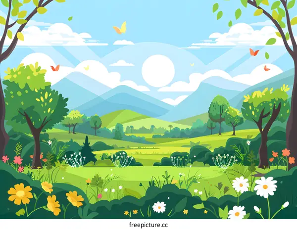 Beautiful Spring Landscape With Mountains And Flowers Illustration