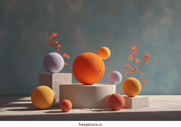 Abstract Geometric Composition with Colorful Spheres and Flowers