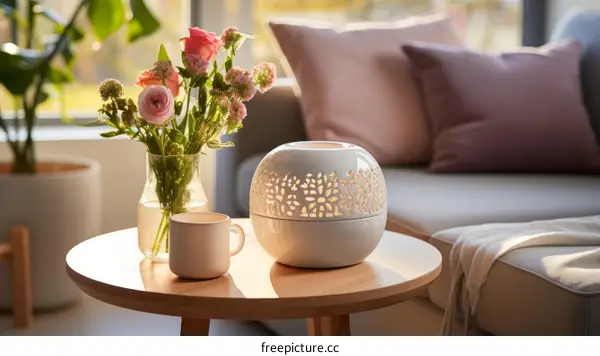 A ceramic aroma lamp with a wooden table and a vase of flowers