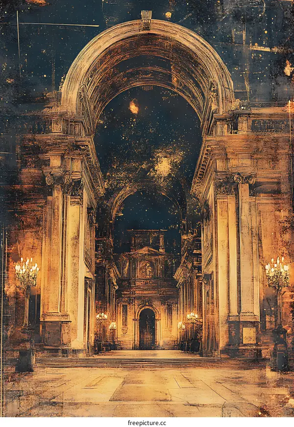 Grunge Style Illustration of a Church Hallway