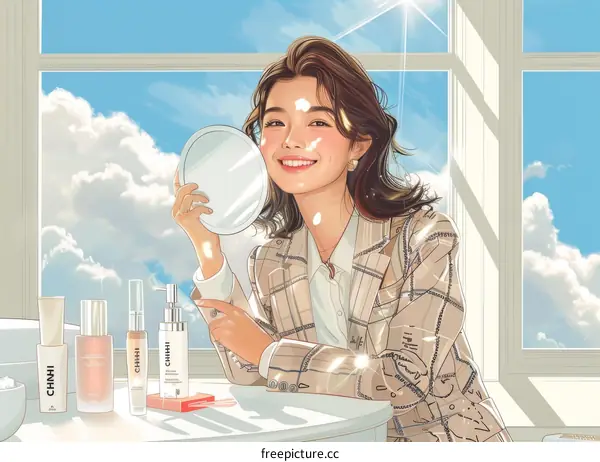 An illustration of a young woman of Asian ethnicity applying makeup in front of a mirror